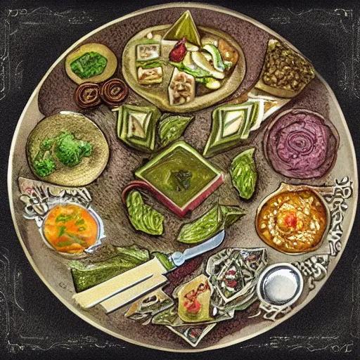 Prompt: a plate of unusual elven cuisine, rpg item, fantasy concept art