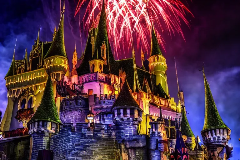 Prompt: Dracula\'s Castle inside Disney World at night, sky with fabulous fireworks, Gothic, ultra realistic, dramatic light, 4k