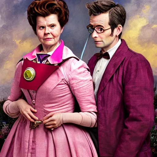 Image similar to david tennant and imelda staunton as dolores umbridge in pink clothes with the tenth doctor who, highly detailed, artstation, concept art, smooth, sharp focus, illustration, perfect face, art by willem claesz. heda, nikolay makovsky, jacek malczewski, arthur hughes, edward okun, franz xaver winterhalter