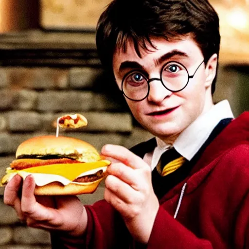 Image similar to Harry Potter eating a cheeseburger, photo realistic, award-winning, highly-detailed, epic, cinematic, dramatic