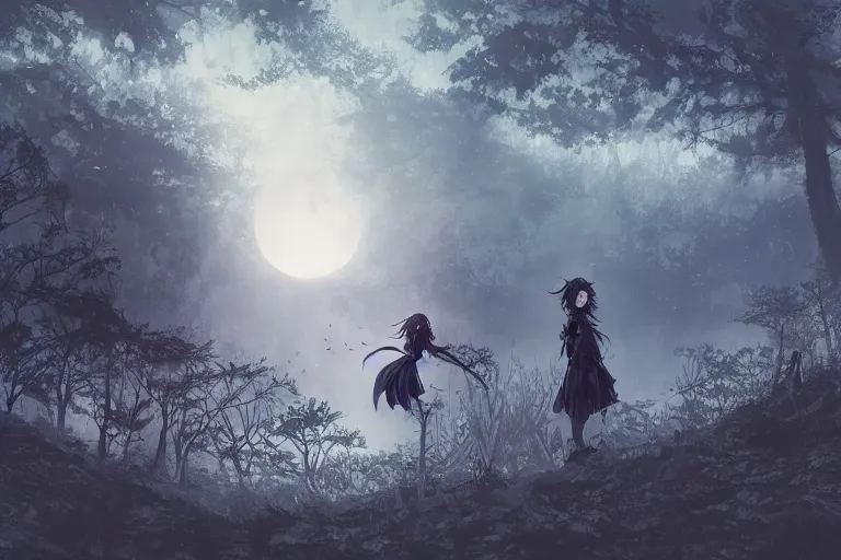 Image similar to goth woman in a moonlight view, in a forest, a river, tankoban, 4 k, tone mapping, akihiko yoshida, james jean andrei riabovitchev marc simonetti, yoshitaka amano, long hair, curly, h. hydrochaeri