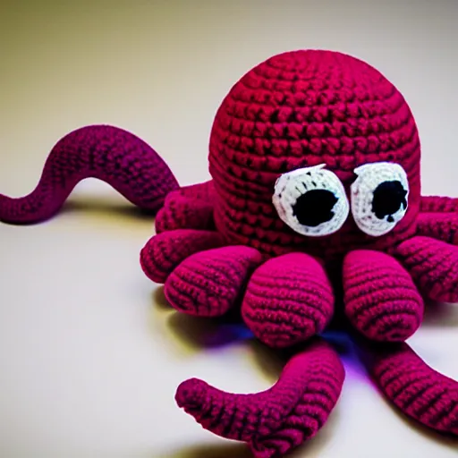 Image similar to a crochet octopus that is eating sushi, crochet octopus eating sushi, photo realistic, indoor lighting