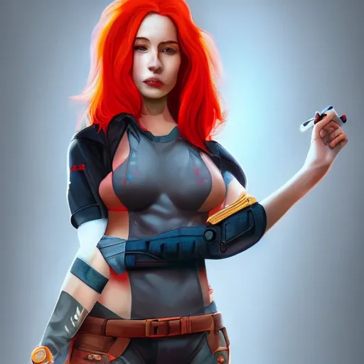Image similar to a woman wearing a geeky outfit, full body shot, red hair, highly detailed, digital painting, artstation, concept art, smooth, sharp focus, illustration