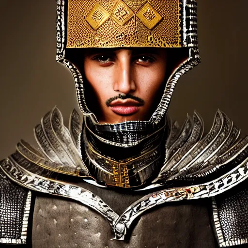 Prompt: a portrait of a beautiful young moroccan male wearing an alexander mcqueen armor made of carbon , photographed by andrew thomas huang, artistic