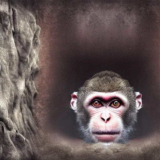 Image similar to two macaques looking at each other inside ancient cave, digital art, soft shadows, creepy art, drawn by shadman