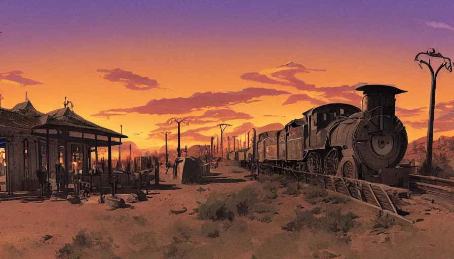 Image similar to train station roadside old west saloon cactus tombstones sunset sky clouds illustration by syd mead artstation 4 k 8 k graphic novel concept art matte painting