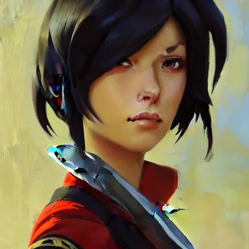 Image similar to Greg Manchess portrait painting of Mikasa Ackermann as Overwatch character, medium shot, asymmetrical, profile picture, Organic Painting, sunny day, Matte Painting, bold shapes, hard edges, street art, trending on artstation, by Huang Guangjian and Gil Elvgren and Sachin Teng