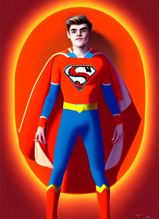 Image similar to kind teenage archie andrews wearing an orange superhero costume, freckles, superhero costume with heart emblem, cape, intricate, elegant, glowing lights, highly detailed, digital painting, artstation, sharp focus, illustration, art by wlop, mars ravelo and greg rutkowski