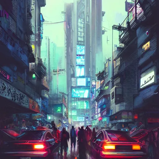 Image similar to overly crowded street of a cyberpunk city, rain, harsh neon lights, highly detailed, digital painting, trending on artstation, concept art, sharp focus, illustration, art by artgerm and greg rutkowski and magali villeneuve