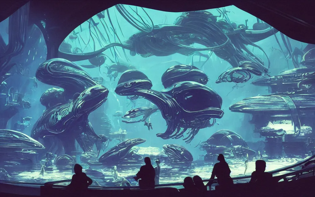 Prompt: close - up view of human silhouettes watching a giant dark sci - fi alien sea creature with big glowing eyes in a giant futuristic fish tank aquarium, deep blue colors, highly detailed science fiction painting by syd mead, roger dean, and moebius. rich colors, high contrast, cosmic black background. unreal engine, artstation.