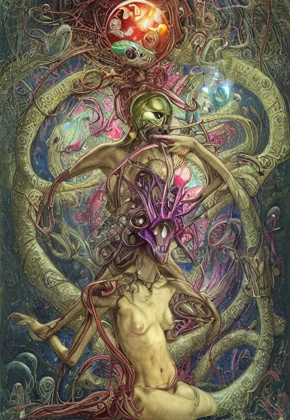 Image similar to simplicity, elegant, colorful glowing muscular cyborg eldritch, flowers, bodies, radiating, mandala, psychedelic, underwater, bubbles, shadows, by h. r. giger and esao andrews and maria sibylla merian eugene delacroix, gustave dore, thomas moran, pop art, giger's biomechanical xenomorph, art nouveau