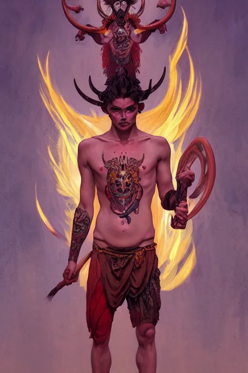 Prompt: full portrait of a beautiful young fit male demon with ram horns, winged body covered in occult tatoos, flaming scene, by greg rutkowski and alphonse mucha, d & d character, gradient red to yellow, in front of an hellish landscape background, highly detailed portrait, digital painting, artstation, concept art, smooth, sharp focus ilustration, artstation hq