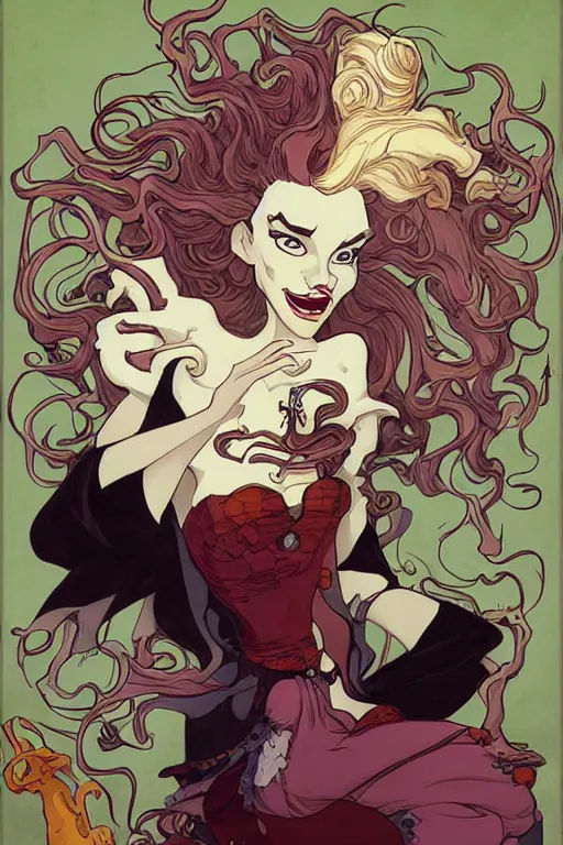 Image similar to portrait of crazy mad lady scientist, cruella devil, merida, olivier armstrong, elsa, stylized illustration by peter mohrbacher, moebius, mucha, mike mignola, colorful comics style, clean line