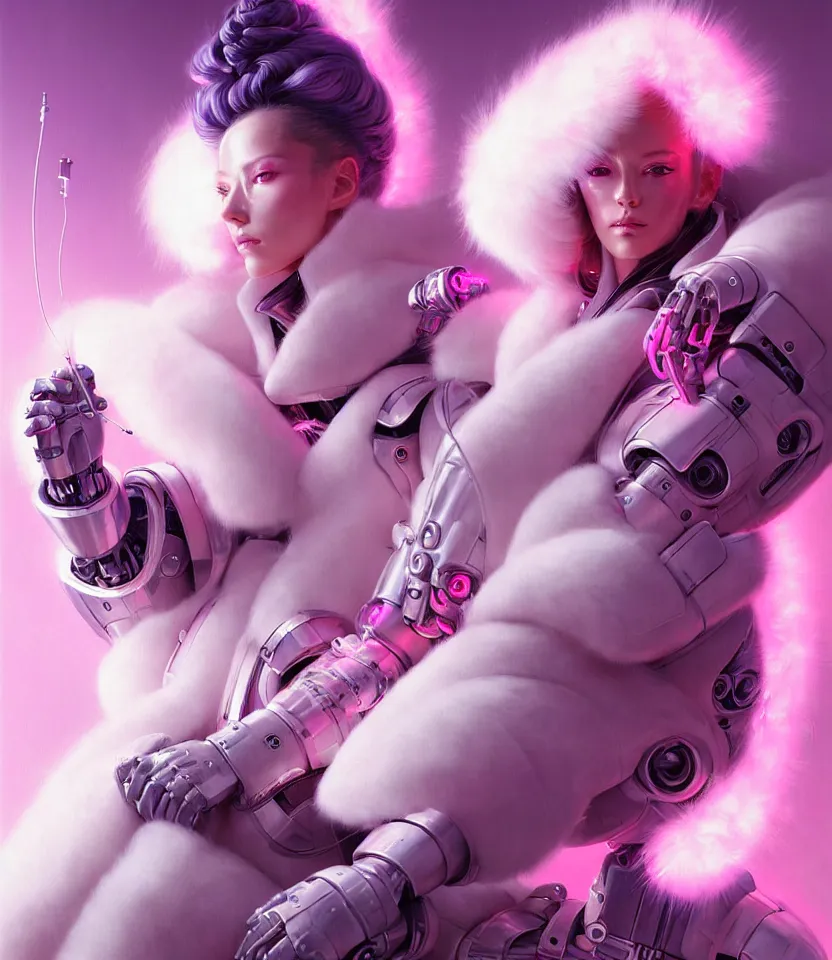Prompt: beautiful fantasy character portrait of a female cyborg, wearing pink puffy bomber jacket with white fur, seductive reclining pose, lasers, ultra realistic, dramatic lighting, robots, the fifth element artifacts, highly detailed by peter mohrbacher, hajime sorayama, wayne barlowe, boris vallejo, aaron horkey, gaston bussiere, craig mullins