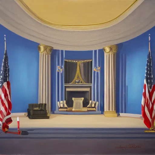 Prompt: oil on canvas drawing of the united states throne room, patriotic, 4th of july, god bless america, empty, dramatic, dazzling