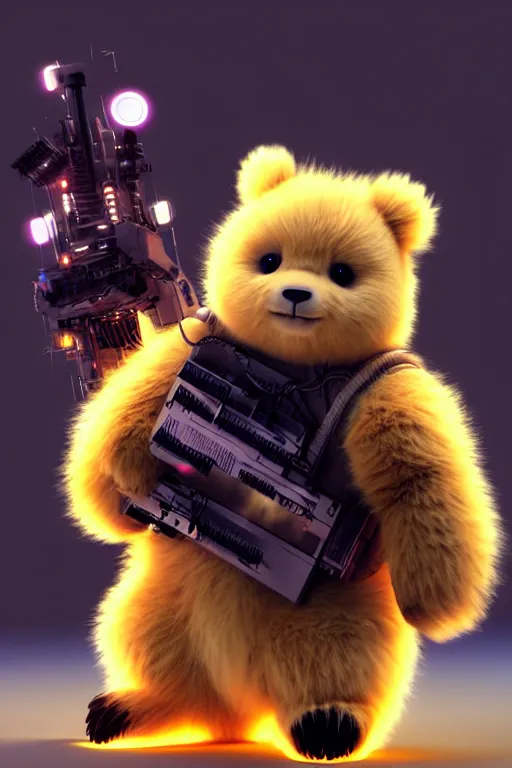 Image similar to high quality 3 d render very cute fluffy cyborg!! bear! plays electronic viola, cyberpunk highly detailed, unreal engine cinematic smooth, in the style of blade runner & detective pikachu, hannah yata charlie immer, moody light, low angle, uhd 8 k, sharp focus