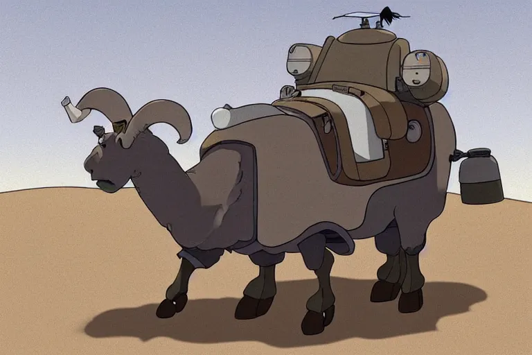 Image similar to a study of a cell shaded cartoon of a grey mechanized ram from howl's moving castle ( 2 0 0 4 ), on a desert road, full body, wide shot, very muted colors, post grunge, studio ghibli, highly detailed, deviantart, art by artgem