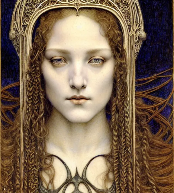 Image similar to detailed realistic beautiful young medieval queen face portrait by jean delville, gustave dore and marco mazzoni, art nouveau, symbolist, visionary, gothic, pre - raphaelite. horizontal symmetry