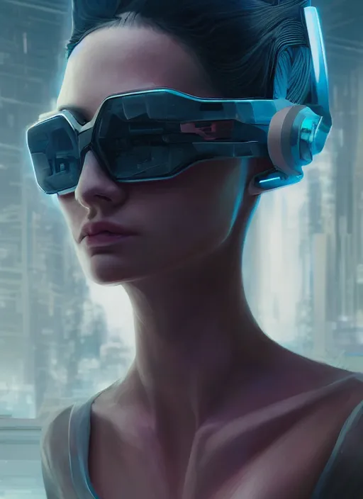 Prompt: a woman with a pair of futuristic glasses on her head, cyberpunk art by eddie mendoza, trending on cgsociety, cubo - futurism, color smoke, dystopian art, 8 k, 3 d