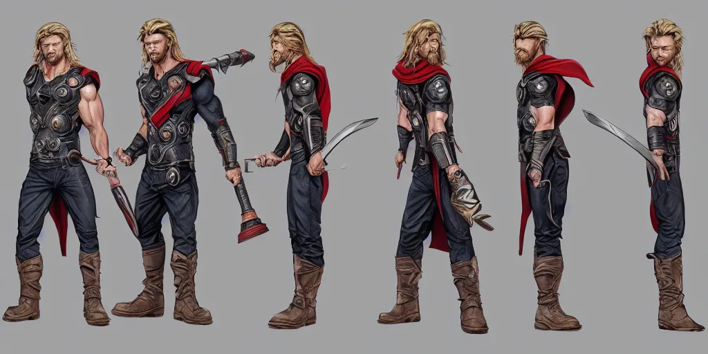 Image similar to cartoonish chris hemsworth as thor kissing his hammer and dancing, character sheet, fine details, concept design, contrast, kim jung gi, greg rutkowski, trending on artstation, 8 k, full body, turnaround, front view, back view, ultra wide angle