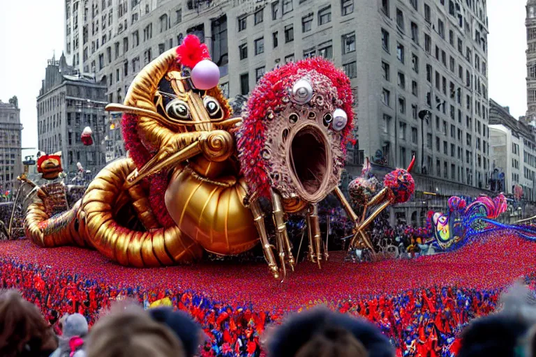 Prompt: photo of giant beautiful elaborate parade float character designed by ( ( ( ( ( ( ( ( giger ) ) ) ) ) ) ) ) and wes anderson!!!!!!!!!!!!!!, in the macys parade, detailed 4 k photo,