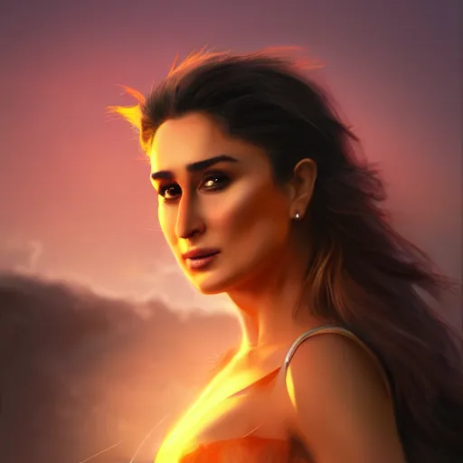 Prompt: kareena kapoor in sunset, by etienne hebinger, cgsociety, fantasy art, 2 d game art