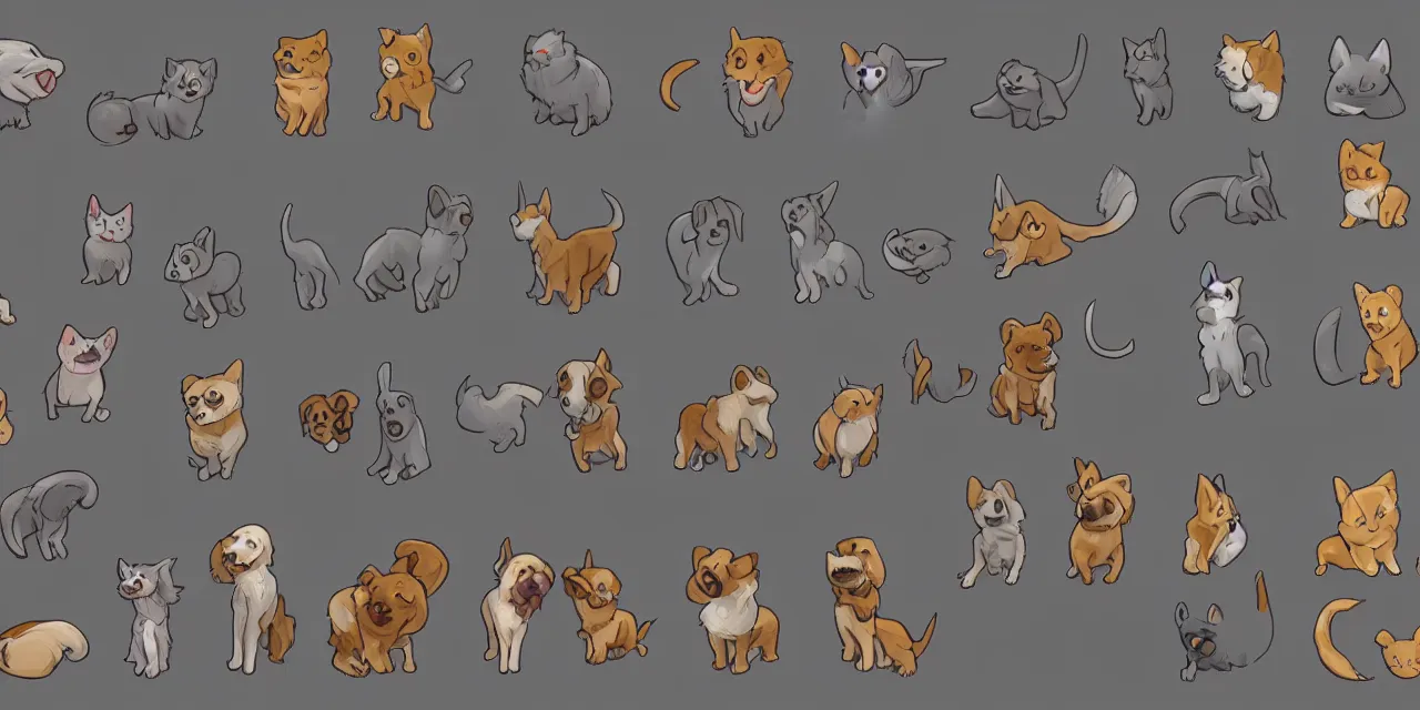 Prompt: sprite sheet, material study, adorable pets