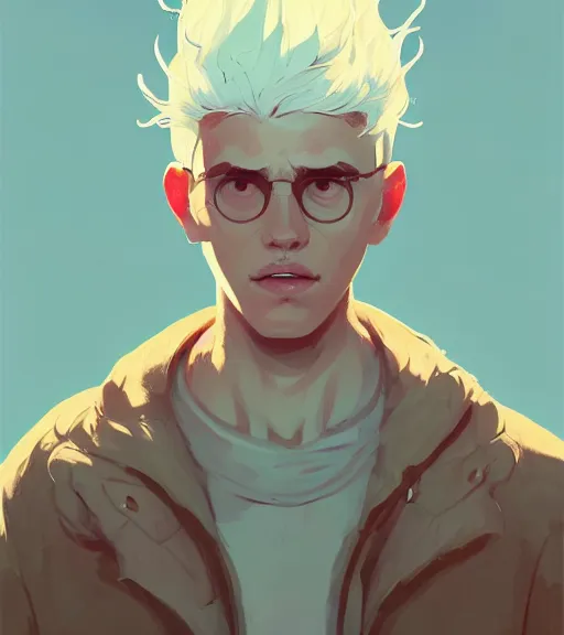 Image similar to portrait of a young man, raised on the island, white hair, face tatooes by atey ghailan, by greg rutkowski, by greg tocchini, by james gilleard, by joe fenton, by kaethe butcher, dynamic lighting, gradient light blue, brown, blonde cream and white color scheme, grunge aesthetic