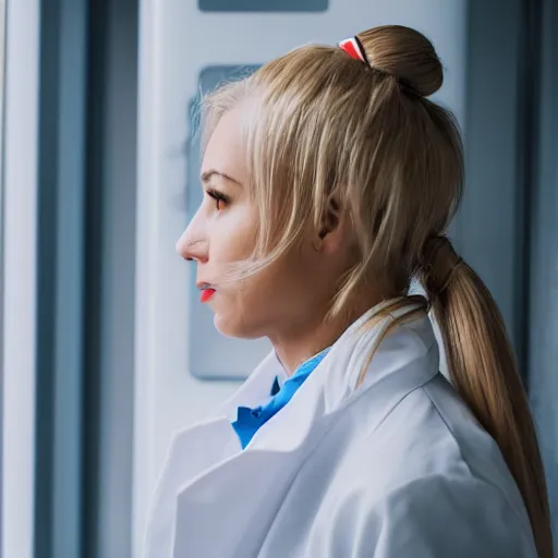 Prompt: full body profile of cute female nurse, blond hair. ponytail, white coat, in an elevator, elizabeth messina, tight focus, 4 5 mm