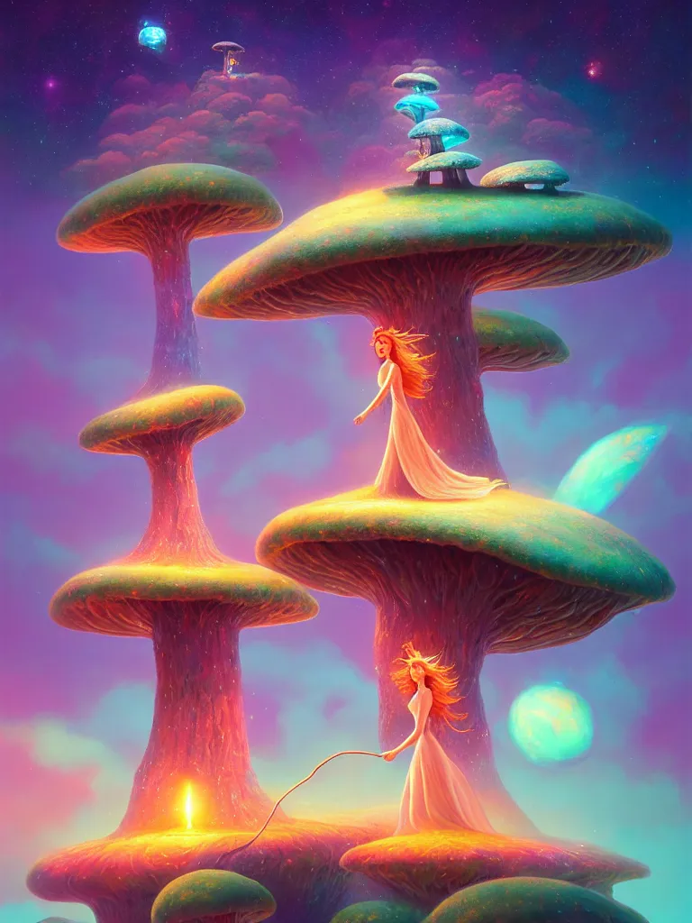 Prompt: portrait of goddess of dreams, extremely beautiful and proportionate face, floating among many stars with lots of gigantic toadstool mushrooms and robots, by gediminas pranckevicius, rob gonsalves, digital painting, octane rendered, crepuscular rays, neon cyberpunk colors vibrant colors, trending on artstation