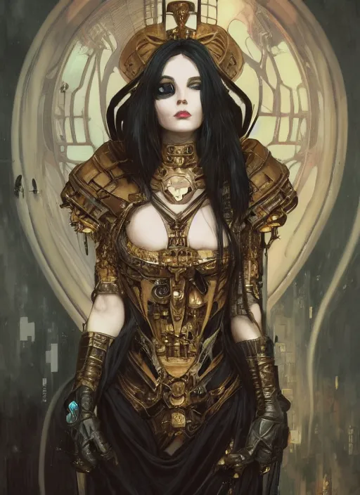 Image similar to portrait of beautiful pale gothic maiden in latex, warhammer 40000, cyberpunk, intricate, elegant, highly detailed, digital painting, artstation, concept art, smooth, sharp focus, illustration, art by artgerm and greg rutkowski and alphonse mucha and Gustav Klimt