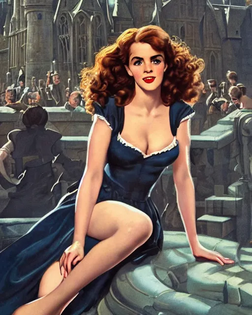 Image similar to pinup photo of hermione granger by emma watson in the crowded square of hogwarts, gil elvgren, enoch bolles, kezie demessance, glossy skin, pearlescent, very coherent, very detailed