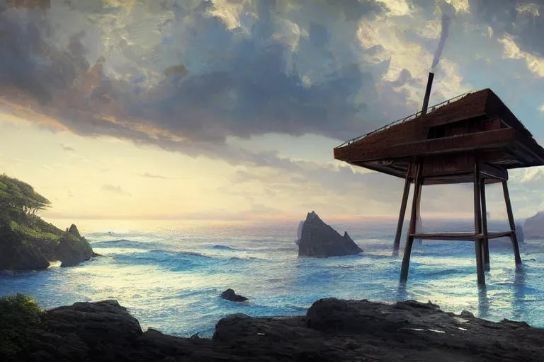 Prompt: lovely a - frame home sits atop a broad cliff | overlooking the entirety of the blue sky | digital painting by greg rutkowski and gaston bussiere | zbrush | cgsociety contest winner | comprehensive art | intricate | landscape photography | brightly radiant atmosphere | overcast sky | homogeneous to hawaii | 4 k | 8 k