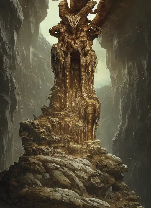 Prompt: hyper realistic photography of intricate symmetric strange alien bone god sitting on ruined ornamented rock throne in a crystal cave detailed, greg rutkowski, mignola, moebius, artstation, cgsociety