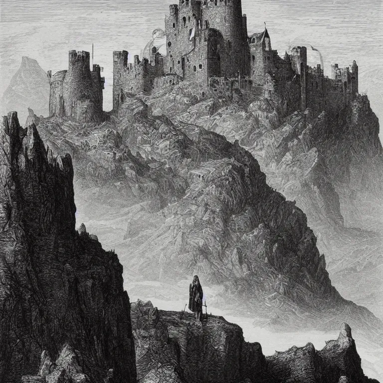 Prompt: an engraving of king arthur standing on a rocky outcropping with castle camelot in the background by gustave dore, caspar david friedrich, ian miller, highly detailed, strong shadows, depth, lithograph engraving