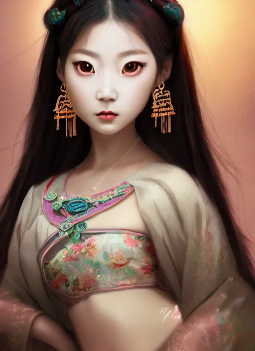 Prompt: beautiful fashion girl in tang dynasty with big eyes, strapless dress, character portrait in the style of thomas river and artgerm, wlop, cinematic lighting, hyperdetailed, 8 k realistic, symmetrical, global illumination, radiant light, halo, love and mercy, frostbite 3 engine, cryengine, dof, trending on artstation, digital art, chanel