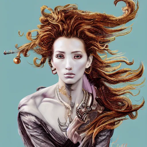 Image similar to portrait, headshot, insanely nice professional hair style, dramatic hair color, digital painting, of a old 17th century, Greek Goddess, old cyborg merchant, amber jewels, baroque, ornate clothing, scifi, realistic, hyperdetailed, chiaroscuro, concept art, art by Franz Hals and Jon Foster and Ayami Kojima and Amano and Karol Bak,