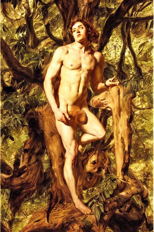 Prompt: Baccus, golden hour, in a forest, artstation, by J. C. Leyendecker and Peter Paul Rubens,