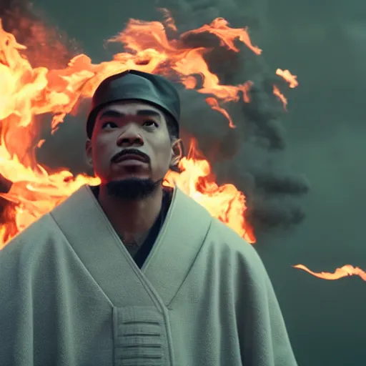 Image similar to cinematic film still of Chance The Rapper starring as a Samurai holding fire, Japanese CGI, VFX, 2022, 40mm lens, shallow depth of field, film photography