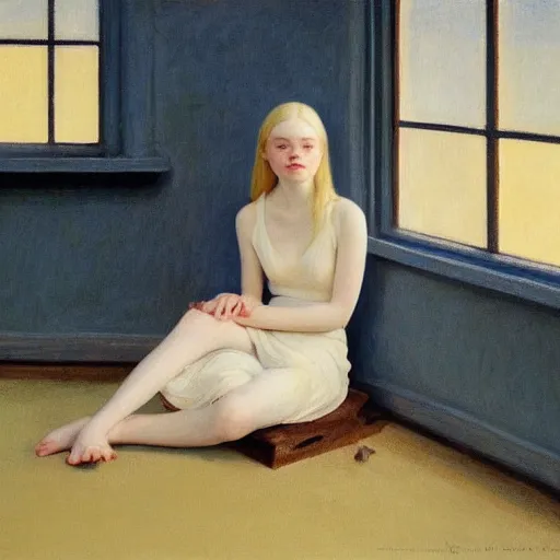 Image similar to Painting of Elle Fanning at the kiln of the first flame, long blonde hair, delicate, pale milky white porcelain skin, by Edward Hopper. 8K. Extremely detailed.