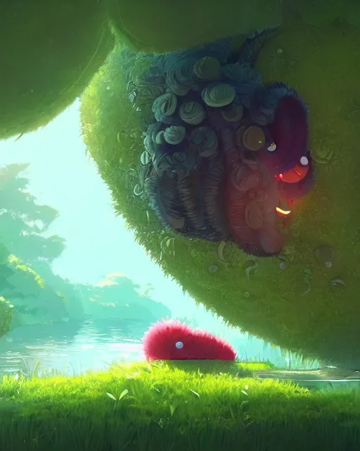 Image similar to a giant hairy caterpillar taking a bath in a spring with lush vegetation around, cory loftis, james gilleard, atey ghailan, makoto shinkai, goro fujita, character art, rim light, exquisite lighting, clear focus, very coherent, plain background, soft painting