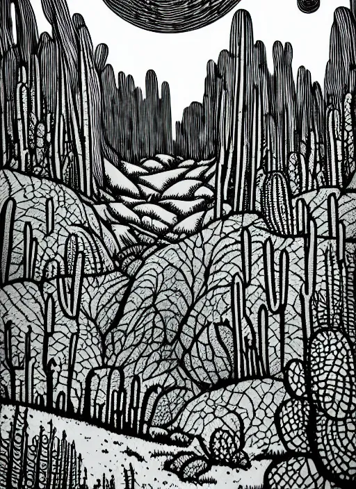 Prompt: art by cat flint, ethereal black ink linocut print of the cactus forest, high hills, 8 k, frostbite 3 engine, cryengine, ground level shot, dof, trending on artstation, digital art, crepuscular ray