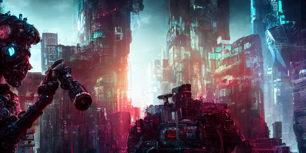 Image similar to a cyberpunk chtulhu creature arguing with another, closeup, fallout 5, studio lighting, deep colors, apocalyptic setting, vertically mirrored city in background