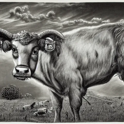 Prompt: anthropomorphic heifer illustration by laurie lipton