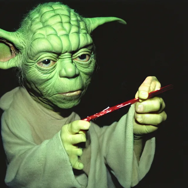 Image similar to disposable camera photo of yoda snorting a line of coke in a dark nightclub bathroom, taken with flash on