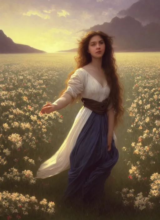 Image similar to oil painting portrait of a young woman with long flowing hair in a white dress, levitating floating over a field of flowers at sunset with mountains in the background, hazy, digital art, chiaroscuro, artstation, cinematic, golden hour, digital art painting by greg rutkowski, william - adolphe bouguereau, lu ji, hazy atmosphere, flowers, cinematic lighting