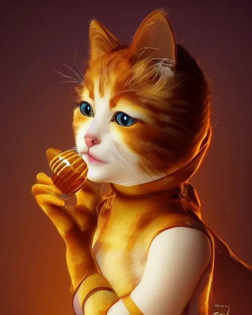 Image similar to beautiful cat as honey, made of honey, wearing honey - themed miniskirt, award winning creature portrait photography, extremely detailed, artstation, 8 k, sensual lighting, incredible art, wlop, artgerm, backlit, rim lighting