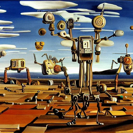 Prompt: wide shot scenery filled with robots and a giant ant salvador dali painting