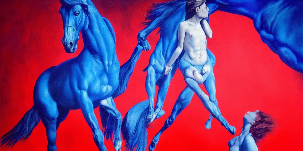 Image similar to only with blue, ney motogrosso in love with a red stallion, too many hands in all directions, in hoc signo vinces, waterfall, in the style of leonora carrington, gottfried helnwein, intricate composition, blue light by caravaggio, insanely quality, highly detailed, masterpiece, red light, artstation