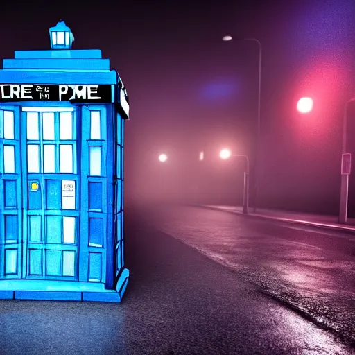 Image similar to a hyperdetailed photograph of the tardis sat on a futuristic street corner, night, dense fog, rain, hd, 8 k resolution